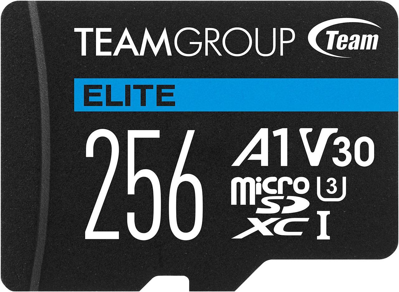 Team Group 256GB Elite microSDXC UHS-I U3, V30, A1, 4K UHD Micro SD Card with SD Adapter, Speed Up to 100MB/s (TEAUSDX256GIV30A103)