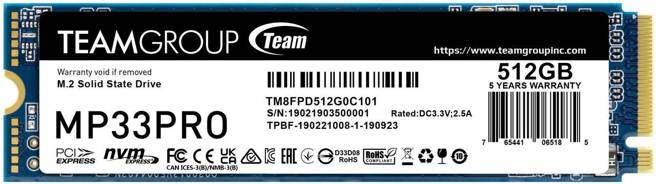 Main image of Team Group MP33 PRO M.2 2280 512GB PCIe 3.0 x4 with NVMe 1.3 3D NAND Internal Solid State Drive (SSD) TM8FPD512G0C101