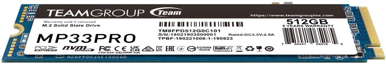 Alt view image 2 of 3 - Team Group MP33 PRO M.2 2280 512GB PCIe 3.0 x4 with NVMe 1.3 3D NAND Internal Solid State Drive (SSD) TM8FPD512G0C101