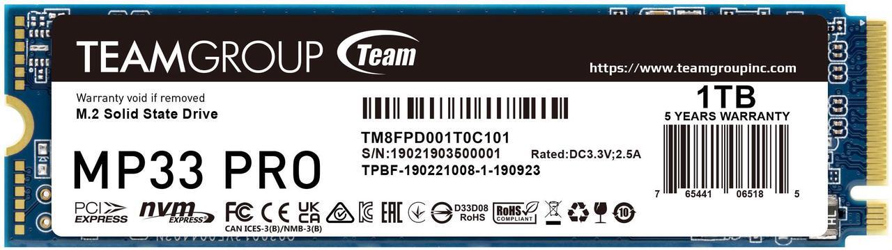 Main image of Team Group MP33 PRO M.2 2280 1TB PCIe 3.0 x4 with NVMe 1.3 3D NAND Internal Solid State Drive (SSD) TM8FPD001T0C101
