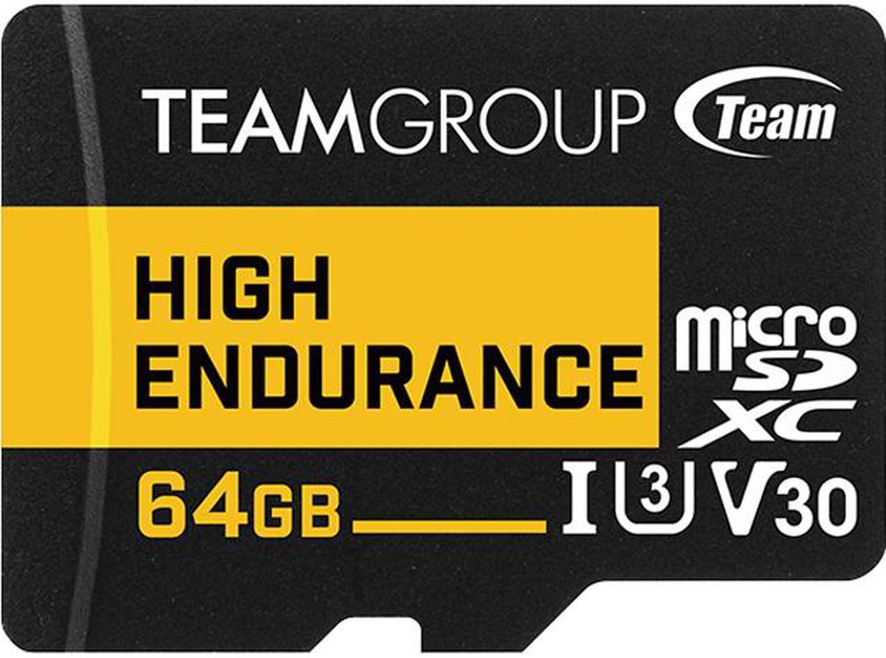 Team 64GB High Endurance microSDXC UHS-I U3, V30 Memory Card with Adapter, designed for monitoring, Speed Up to 100MB/s (THUSDX64GIV3002)