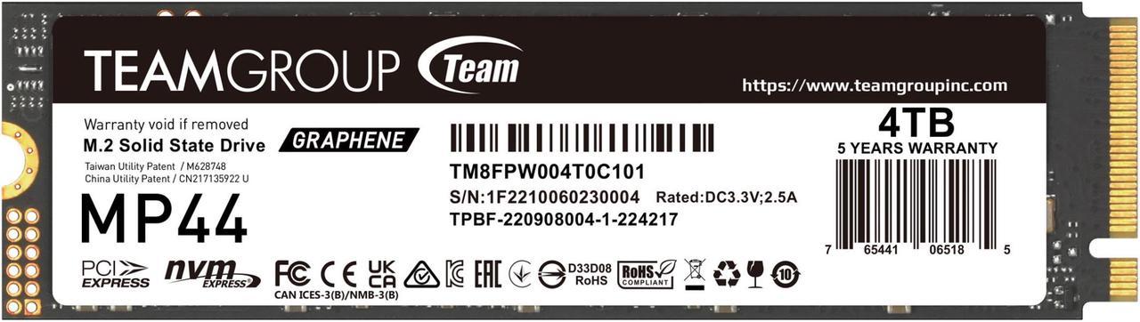 Team Group MP44 M.2 2280 4TB PCIe 4.0 x4 with NVMe Laptop & Desktop & NUC & NAS Internal Solid State Drive (SSD), (R/W Speed up to 7,400/6,900MB/s) TM8FPW004T0C101