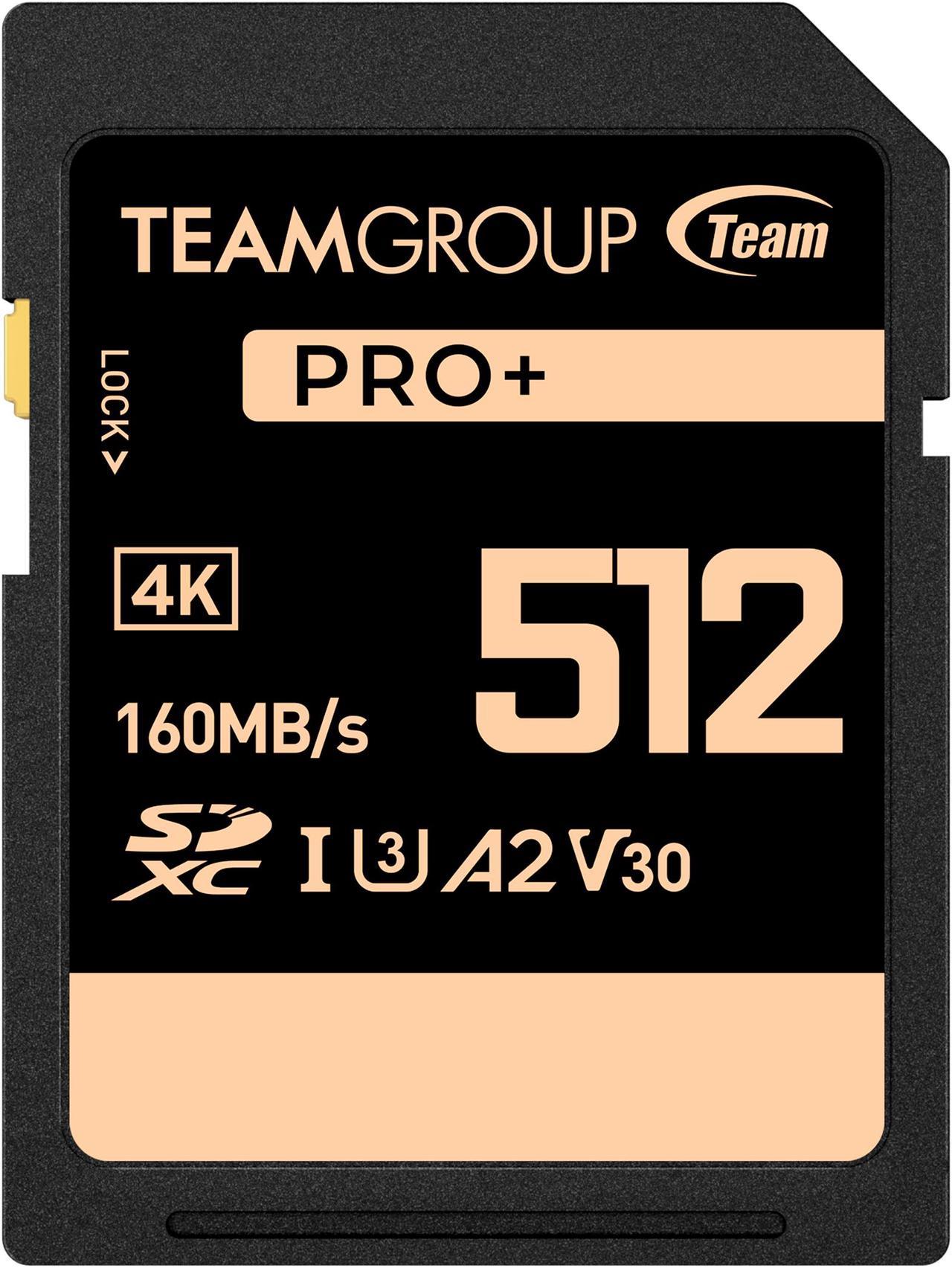 Team Group 512GB PRO+ SDXC U3 V30 A2 4K SD Card, Read/Write Speed Up to 160/90MB/s (TPPSDX512GIA2V3001)