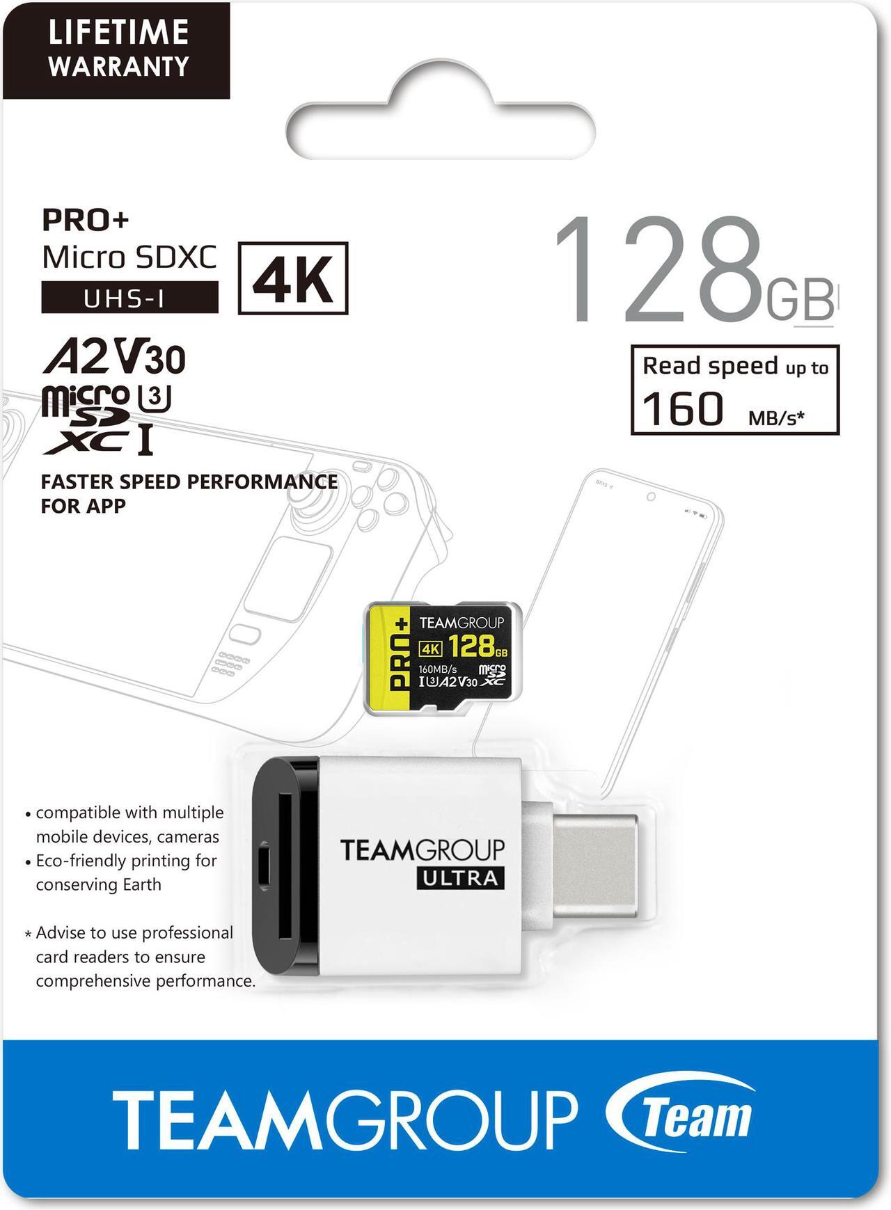 Main image of Team 128GB Pro+ microSDXC UHS-I/U3 Memory Card with Ultra CR I card reader, compatible with Nintendo-Switch, Steam Deck, and ROG Ally, Speed Up to 160MB/s (TPPMSDX128GIA2V3072)