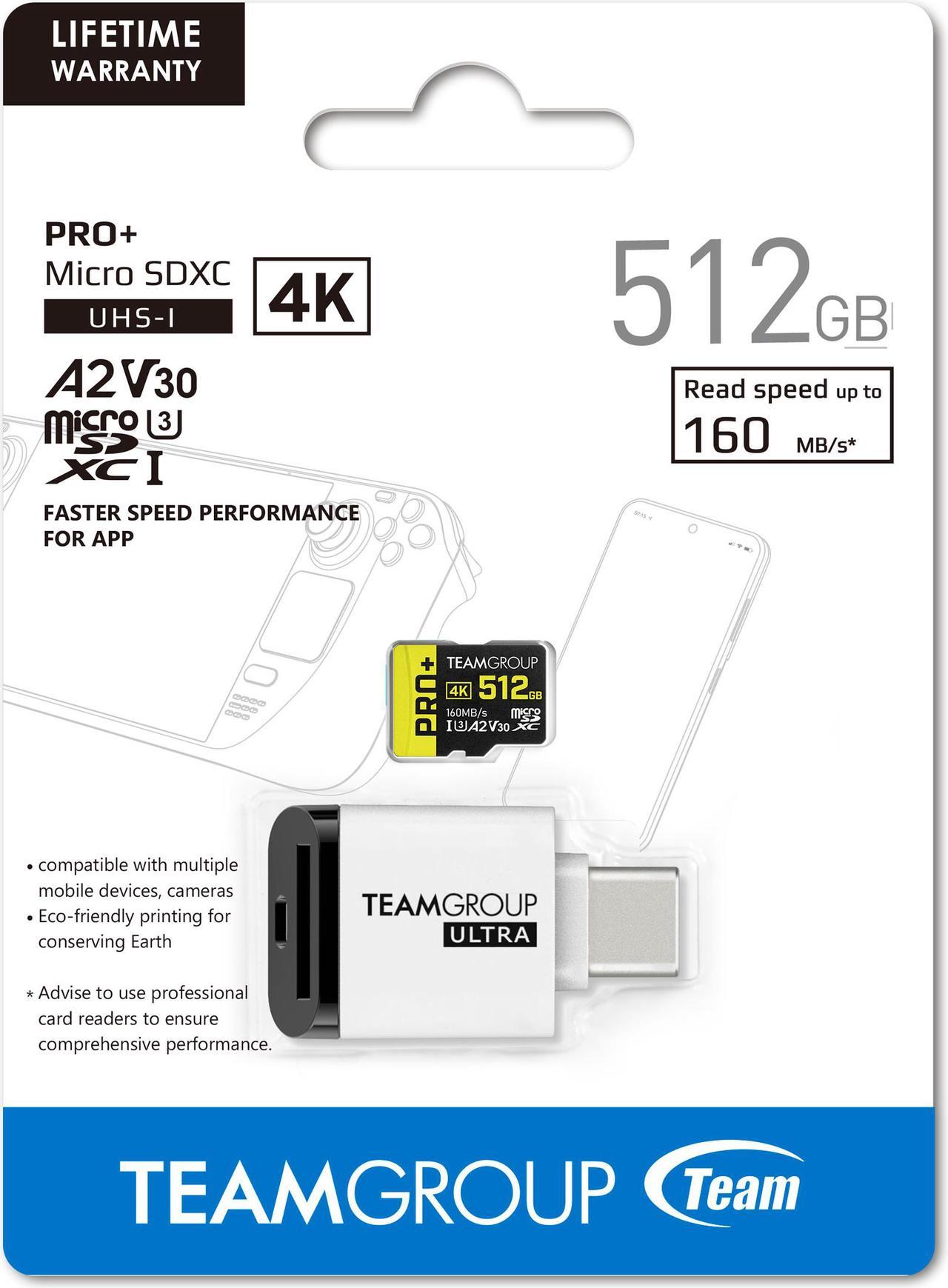 Team 512GB Pro+ microSDXC UHS-I/U3 Memory Card with Ultra CR I card reader, compatible with Nintendo-Switch, Steam Deck, and ROG Ally, Speed Up to 160MB/s (TPPMSDX512GIA2V3072)