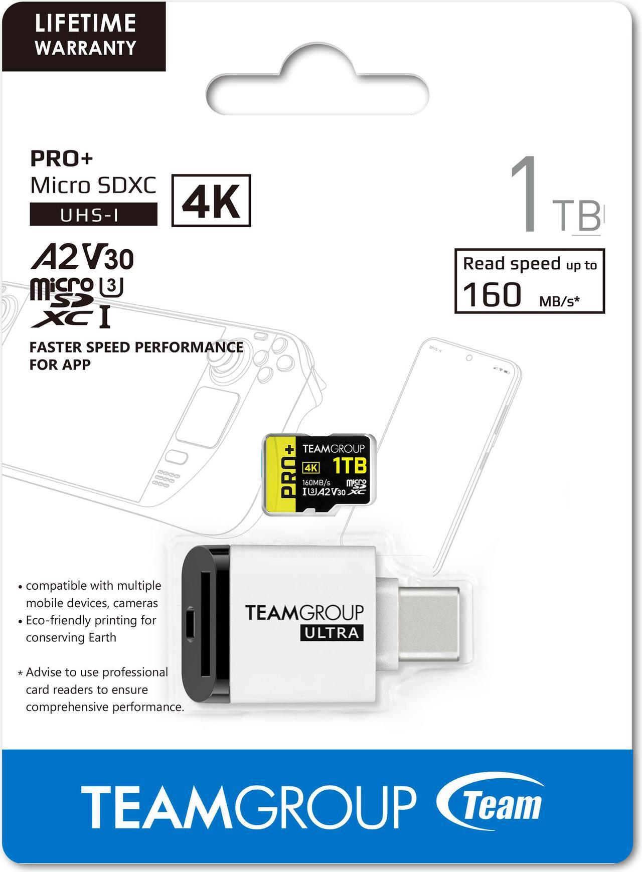 Team 1TB Pro+ microSDXC UHS-I/U3 Memory Card with Ultra CR I card reader, compatible with Nintendo-Switch, Steam Deck, and ROG Ally, Speed Up to 160MB/s (TPPMSDX1TIA2V3072)