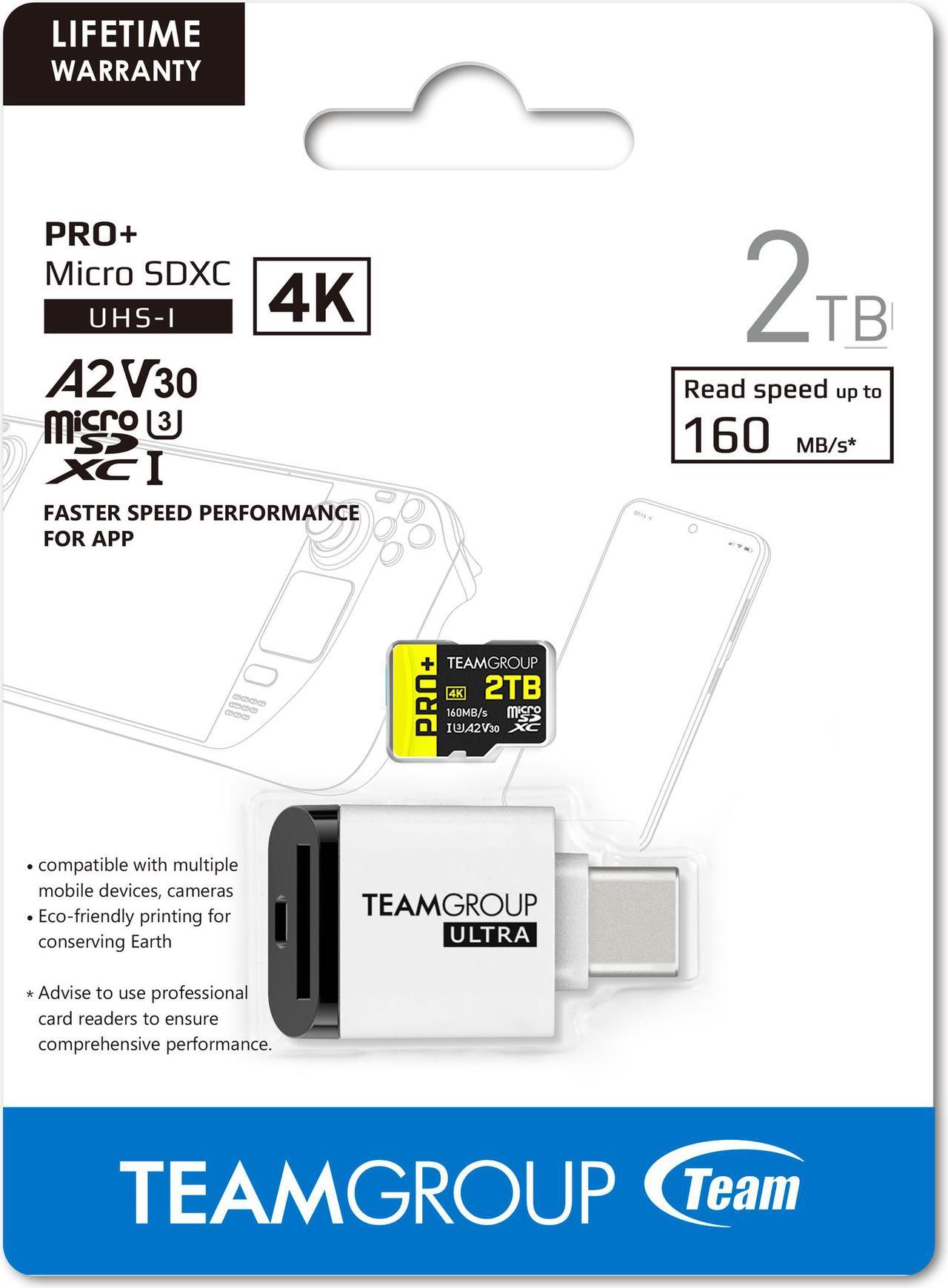 Team 2TB Pro+ microSDXC UHS-I/U3 Memory Card with Ultra CR I card reader, compatible with Nintendo-Switch, Steam Deck, and ROG Ally, Speed Up to 160MB/s (TPPMSDX2TIA2V3072)