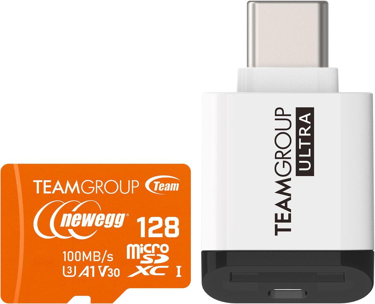 TEAMGROUP x Newegg 128GB microSDXC UHS-I U3, V30, A1 Memory card with Ultra CR I Reader, Speed Up to 100MB/s (TUSDX128GIV30A172)