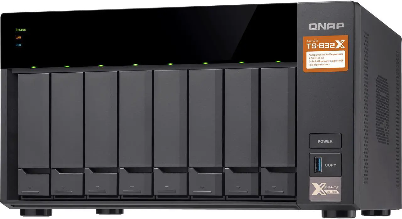 Main image of QNAP TS-832X-2G-US High-Performance 8-Bay 64-bit NAS Built-in 2 x 10 GbE (SFP+) Network, Hardware Encryption, Quad Core 1.7 GHz, 2GB RAM, 2 x 1 GbE