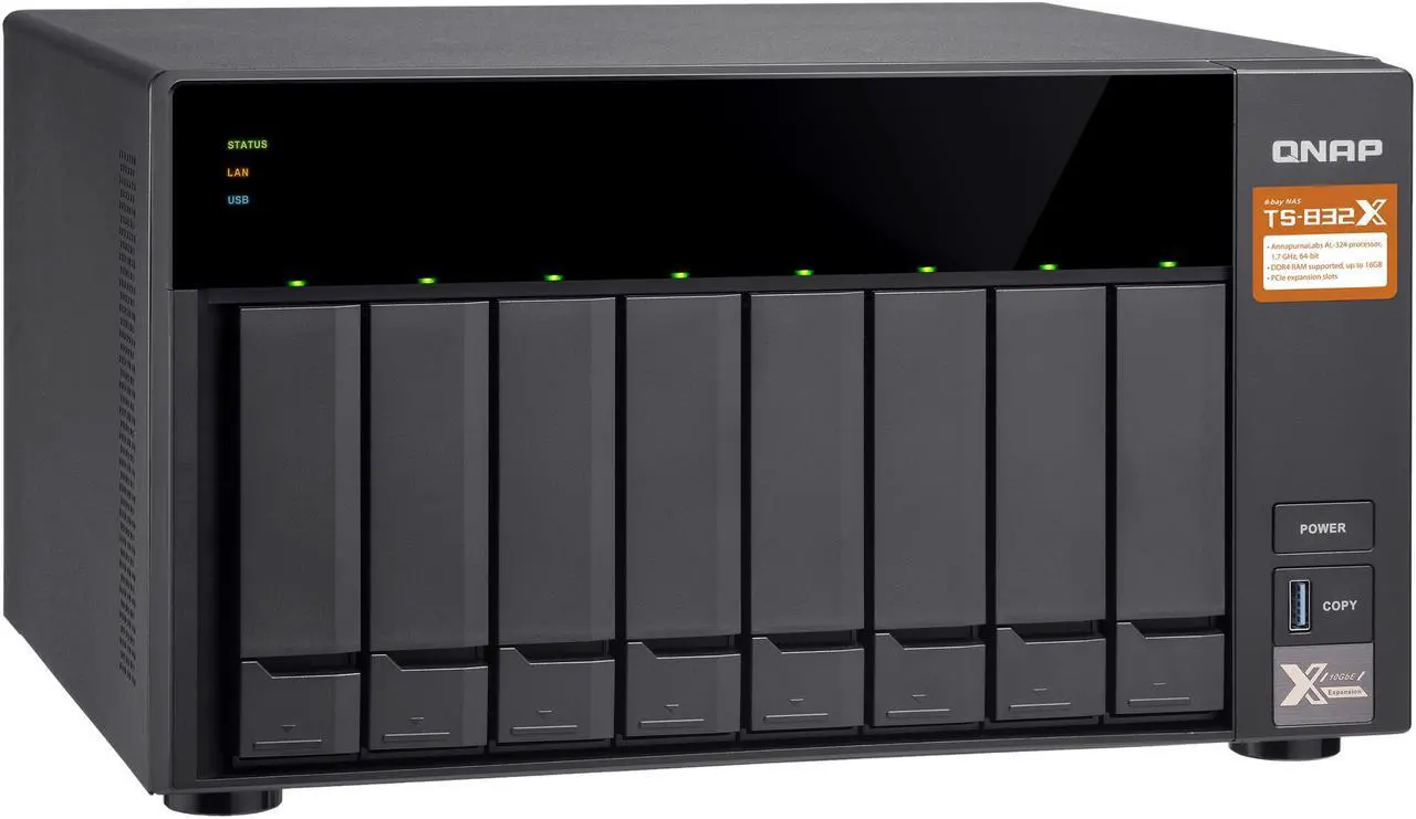 Alt view image 7 of 12 - QNAP TS-832X-2G-US High-Performance 8-Bay 64-bit NAS Built-in 2 x 10 GbE (SFP+) Network, Hardware Encryption, Quad Core 1.7 GHz, 2GB RAM, 2 x 1 GbE