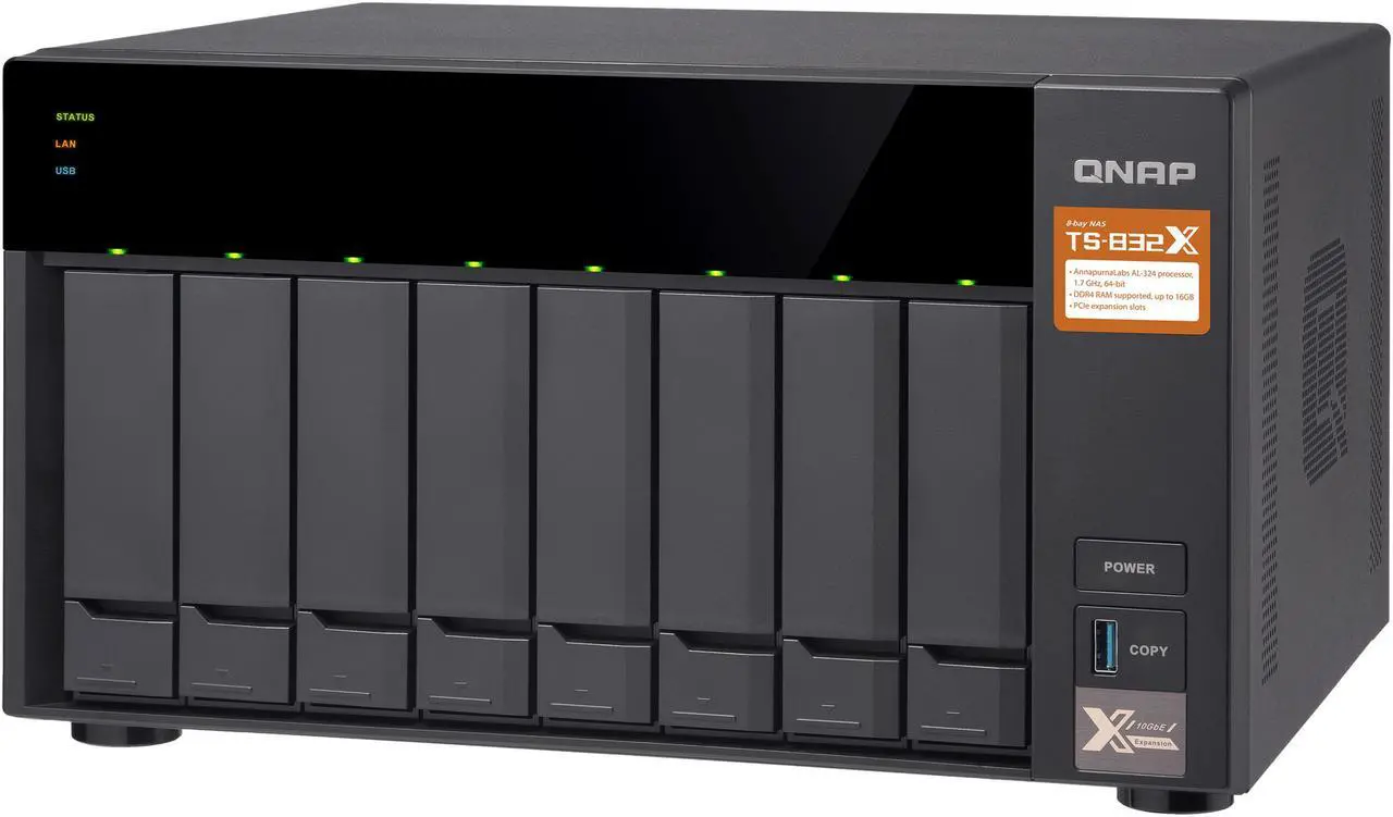 Alt view image 3 of 12 - QNAP TS-832X-2G-US High-Performance 8-Bay 64-bit NAS Built-in 2 x 10 GbE (SFP+) Network, Hardware Encryption, Quad Core 1.7 GHz, 2GB RAM, 2 x 1 GbE