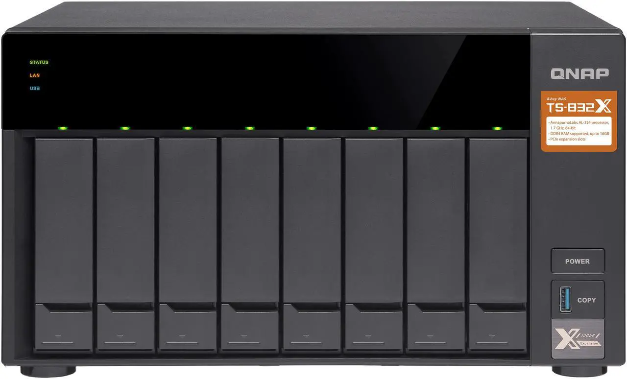 Alt view image 5 of 12 - QNAP TS-832X-2G-US High-Performance 8-Bay 64-bit NAS Built-in 2 x 10 GbE (SFP+) Network, Hardware Encryption, Quad Core 1.7 GHz, 2GB RAM, 2 x 1 GbE