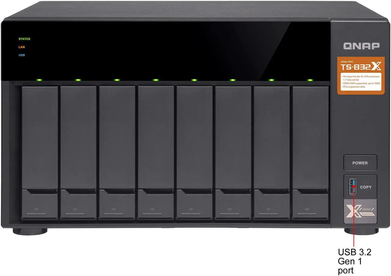 Alt view image 6 of 12 - QNAP TS-832X-2G-US High-Performance 8-Bay 64-bit NAS Built-in 2 x 10 GbE (SFP+) Network, Hardware Encryption, Quad Core 1.7 GHz, 2GB RAM, 2 x 1 GbE