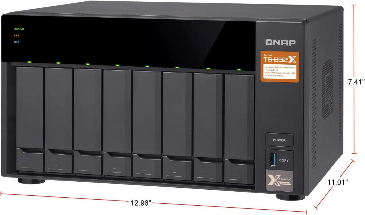 Alt view image 4 of 12 - QNAP TS-832X-2G-US High-Performance 8-Bay 64-bit NAS Built-in 2 x 10 GbE (SFP+) Network, Hardware Encryption, Quad Core 1.7 GHz, 2GB RAM, 2 x 1 GbE