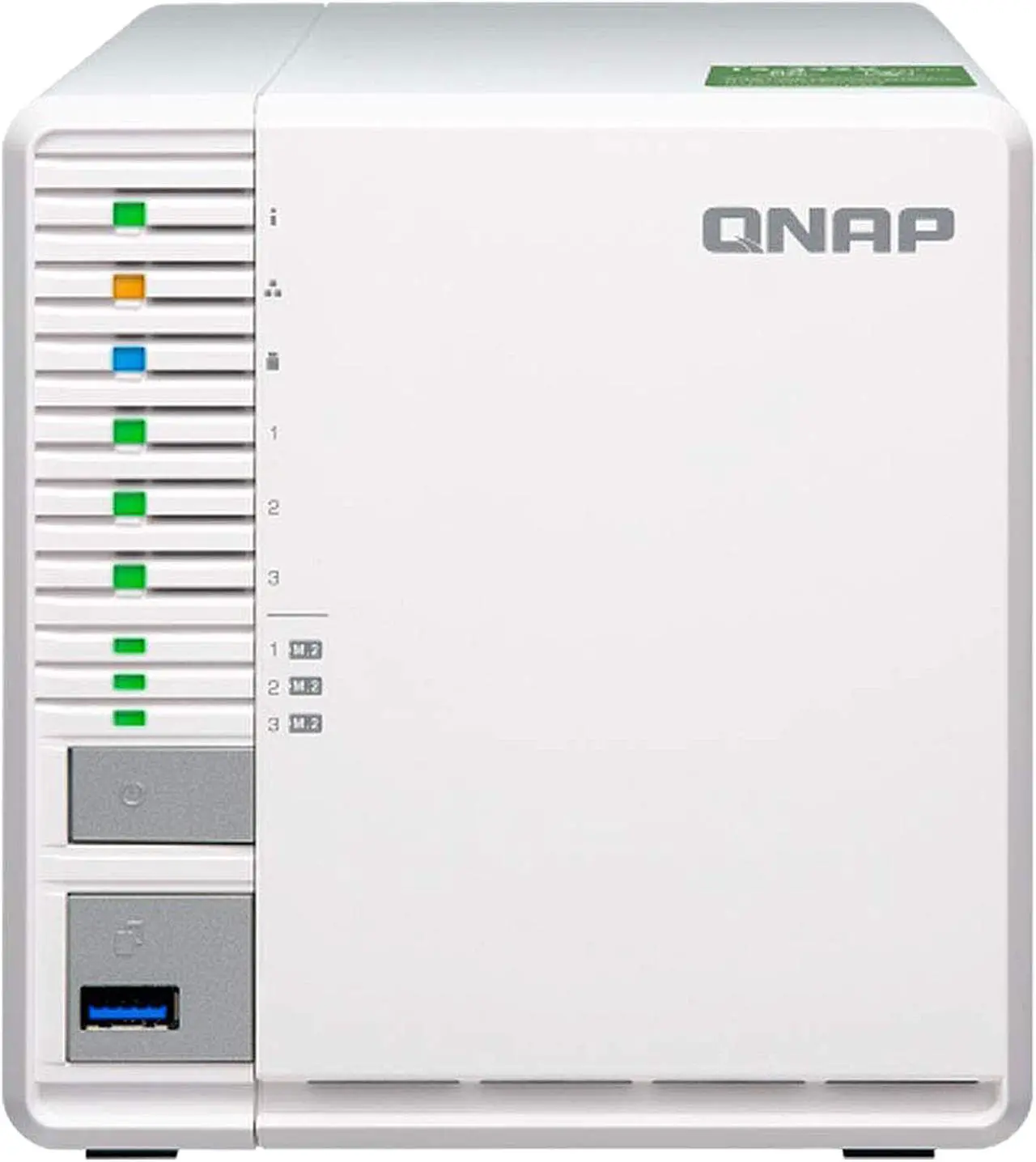 Main image of QNAP TS-332X 3-Bay 64-bit NAS with Built-in 10G Network. Quad Core 1.7 GHz, 2GB RAM, 1 x 10 GbE (SFP+), 2 x 1 GbE, 3 x 3.5 / 2.5" Drive Slots, 3 x M.2 SATA 2280 Slots, RAID 0/1/5