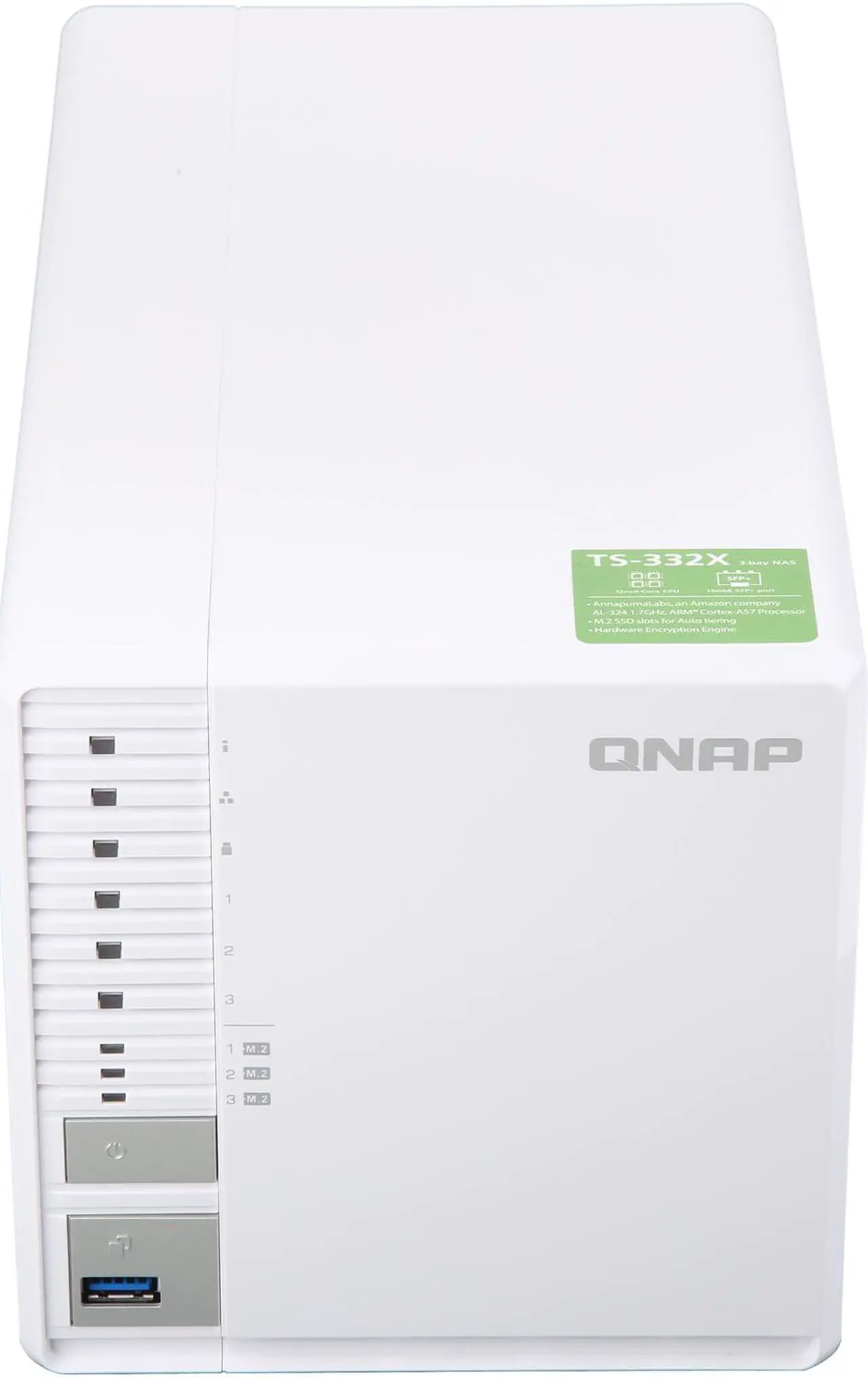 Alt view image 7 of 12 - QNAP TS-332X 3-Bay 64-bit NAS with Built-in 10G Network. Quad Core 1.7 GHz, 2GB RAM, 1 x 10 GbE (SFP+), 2 x 1 GbE, 3 x 3.5 / 2.5" Drive Slots, 3 x M.2 SATA 2280 Slots, RAID 0/1/5