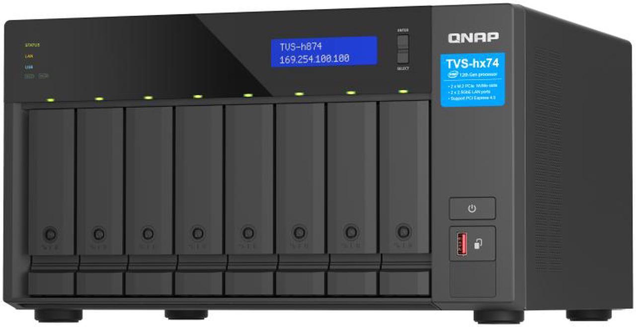 QNAP Ultra-High Speed 8 Bay NAS. Intel® Core™ i5-12400 6C/12T, 32GB RAM DDR4 RAM, 3.5"/2.5" HDD/SSD slot x 8, M.2 PCIe SSD Gen4 x 4 slot x 2, 2.5GbE x 2, PCIe Gen4 slots, HDMI 1.4b, USB 3.2 Gen 2, 250W PSU