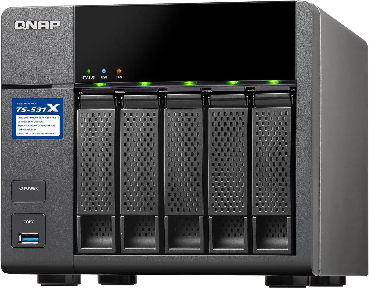 Main image of QNAP TS-531X (8GB RAM version) ARM-based NAS with Hardware Encryption, Quad Core 1.4 GHz, 8GB RAM, 2 x 10GbE (SFP+), 2 x 1GbE