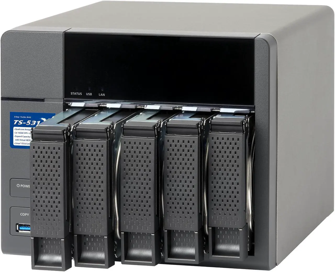 Alt view image 3 of 5 - QNAP TS-531X (8GB RAM version) ARM-based NAS with Hardware Encryption, Quad Core 1.4 GHz, 8GB RAM, 2 x 10GbE (SFP+), 2 x 1GbE