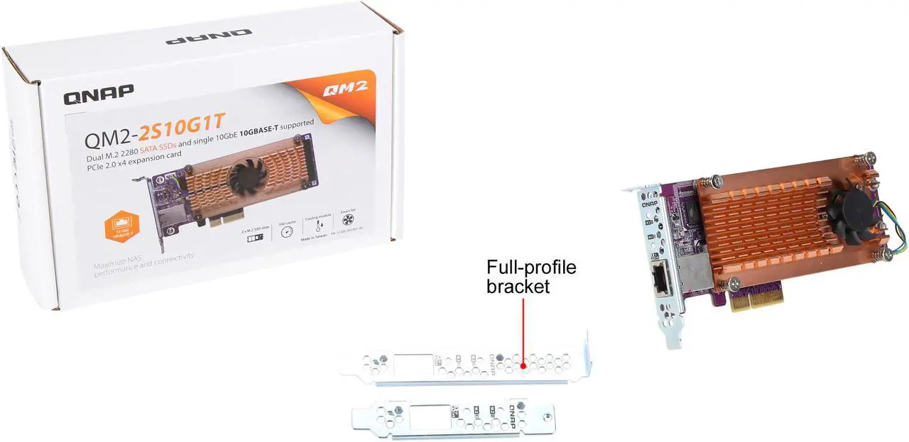 Alt view image 7 of 6 - QNAP QM2-2S10G1T Dual M.2 22110/2280 SATA SSD and Single 10GBASE-T 10GbE Network Expansion Card (PCIe Gen2 x 4), Low-Profile Bracket pre-Loaded, Flat and Full-Height are Bundled, SSD not Included