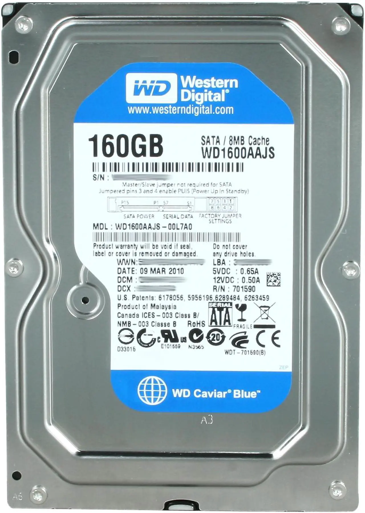 Alt view image 2 of 4 - Western Digital Blue WD1600AAJS 160GB 7200 RPM 8MB Cache SATA 3.0Gb/s 3.5" Internal Hard Drive Bare Drive