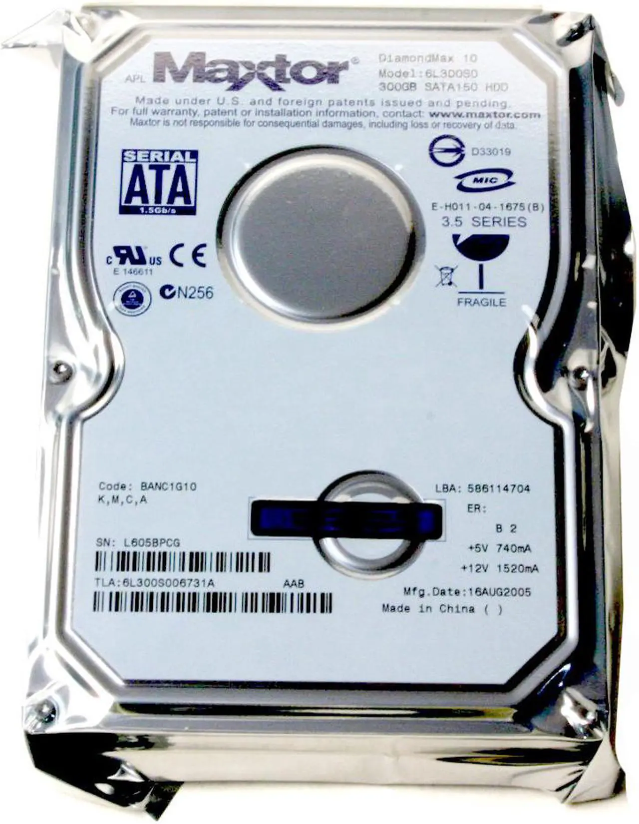 Alt view image 2 of 3 - Maxtor DiamondMax 10 6L300S0 300GB 7200 RPM 16MB Cache SATA 1.5Gb/s 3.5" Hard Drive Bare Drive