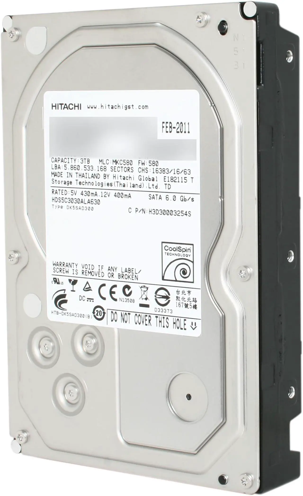Main image of Hitachi GST Deskstar 0S03230 3TB 5400 RPM 32MB Cache SATA 6.0Gb/s 3.5" Internal Hard Drive Bare Drive