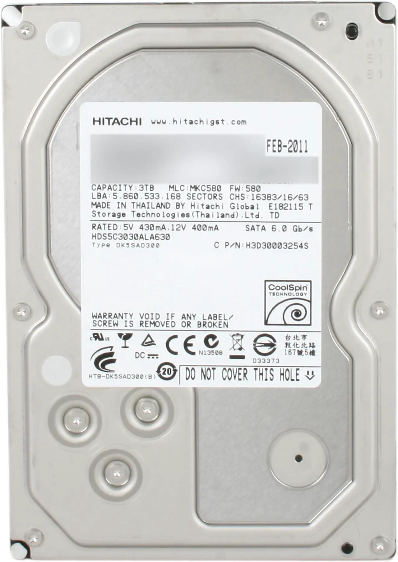 Alt view image 2 of 4 - Hitachi GST Deskstar 0S03230 3TB 5400 RPM 32MB Cache SATA 6.0Gb/s 3.5" Internal Hard Drive Bare Drive