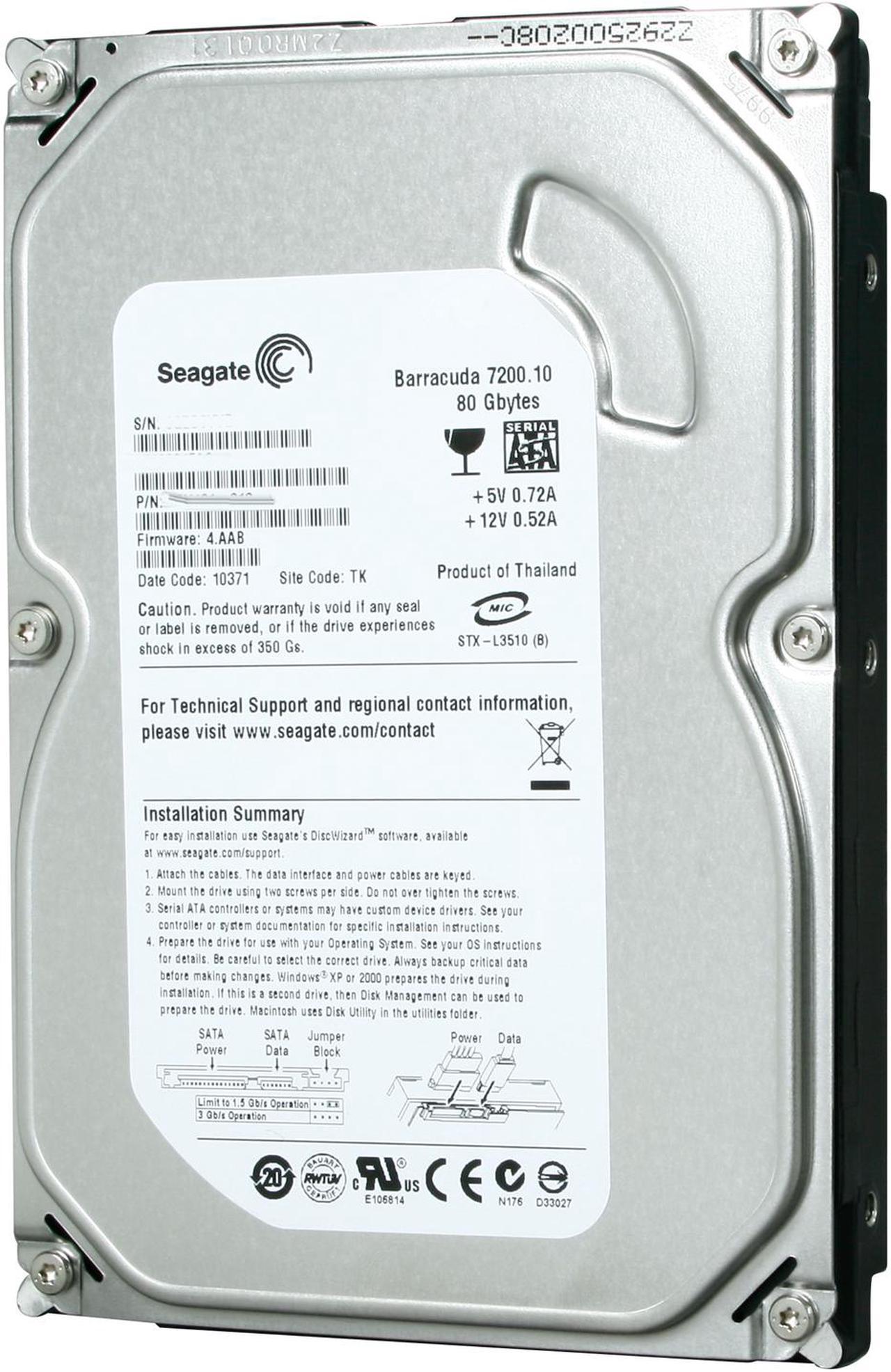 Seagate BarraCuda 7200.10 ST380815AS 80GB 7200 RPM 8MB Cache SATA 3.0Gb/s 3.5" Internal Hard Drive Bare Drive