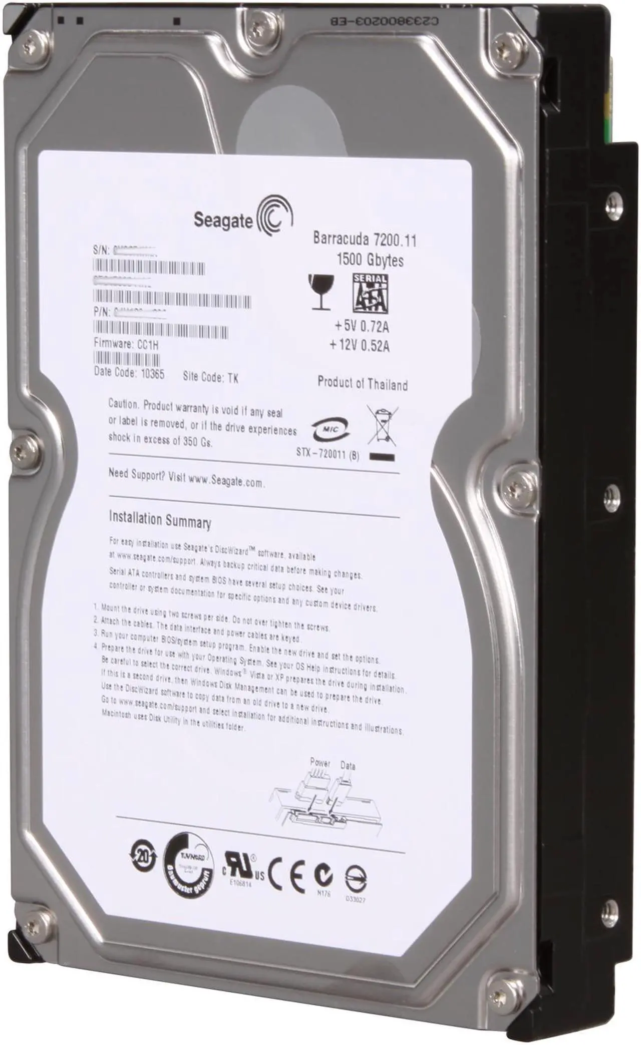 Main image of Seagate BarraCuda 7200.11 ST31500341AS 1.5TB 7200 RPM 32MB Cache SATA 3.0Gb/s 3.5" Internal Hard Drive Bare Drive