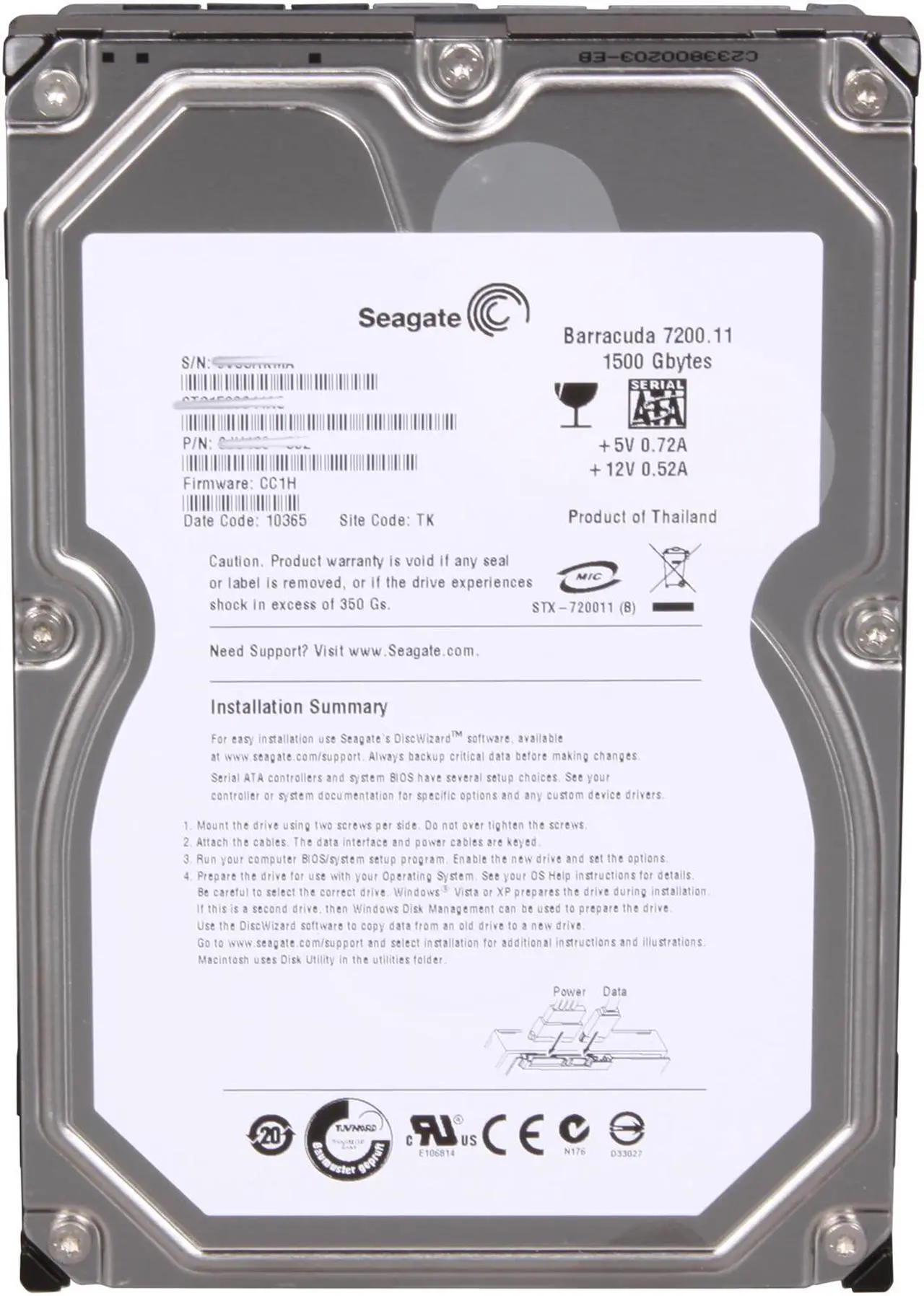 Alt view image 2 of 4 - Seagate BarraCuda 7200.11 ST31500341AS 1.5TB 7200 RPM 32MB Cache SATA 3.0Gb/s 3.5" Internal Hard Drive Bare Drive
