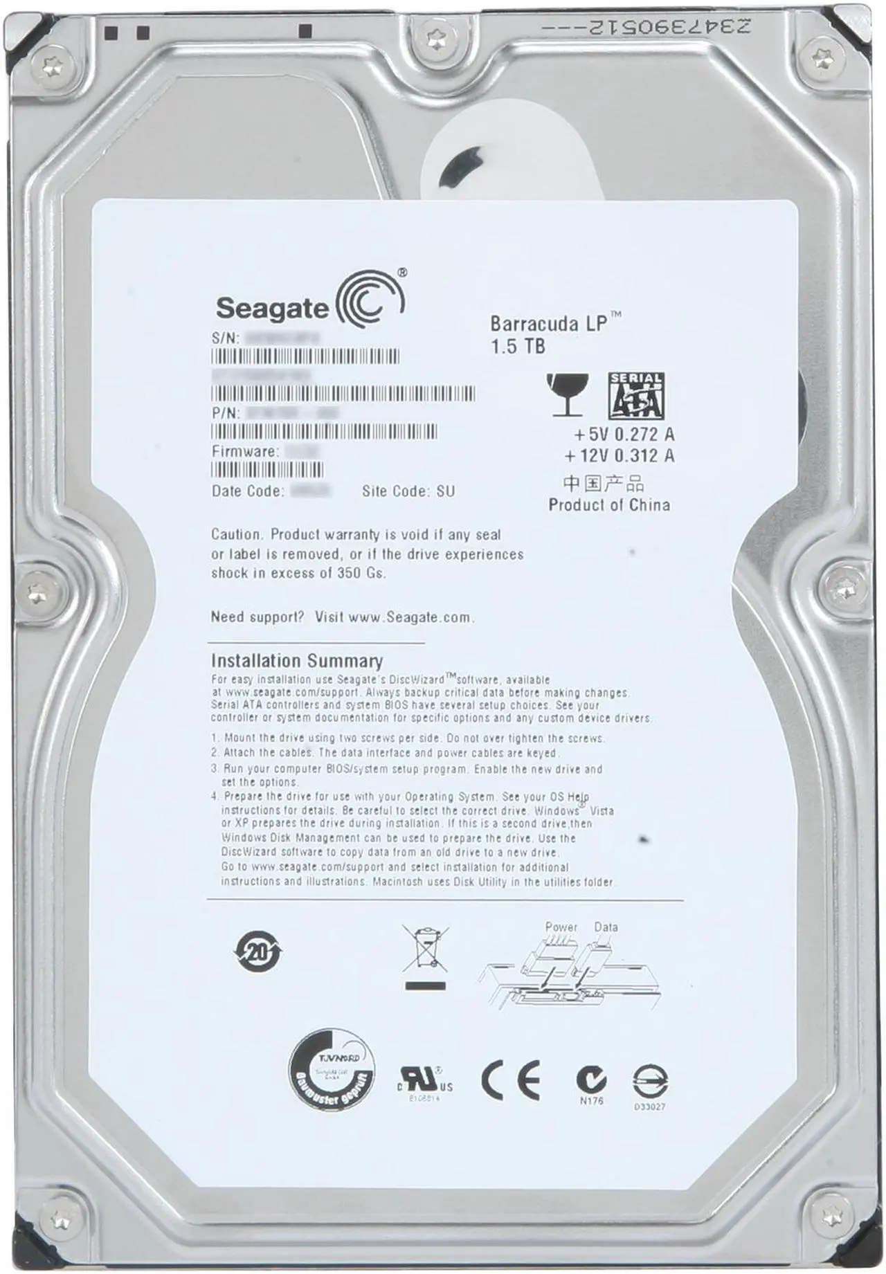 Alt view image 2 of 4 - Seagate BarraCuda LP ST31500541AS 1.5TB 5900 RPM 32MB Cache SATA 3.0Gb/s 3.5" Hard Drive Bare Drive