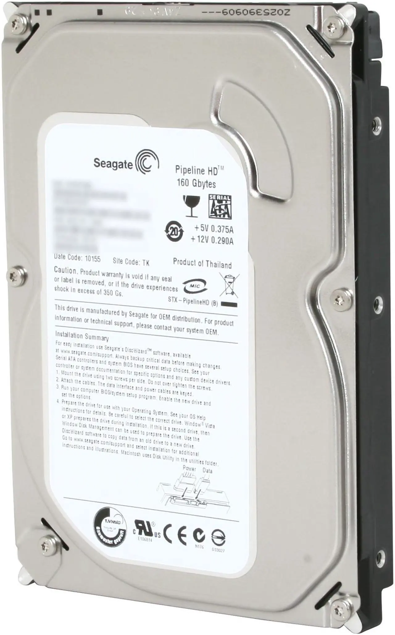 Main image of Seagate Pipeline HD ST3160310CS 160GB 5900 RPM 8MB Cache SATA 3.0Gb/s 3.5" Internal Hard Drive Bare Drive