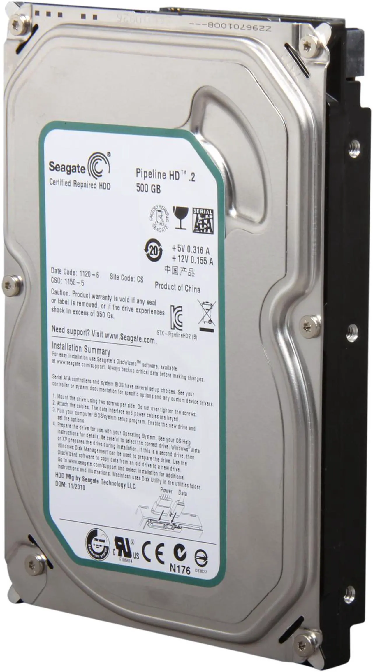 Main image of Seagate Pipeline HD ST3500312CS 500GB 7200 RPM 8MB Cache SATA 3.0Gb/s 3.5" Internal Hard Drive Bare Drive