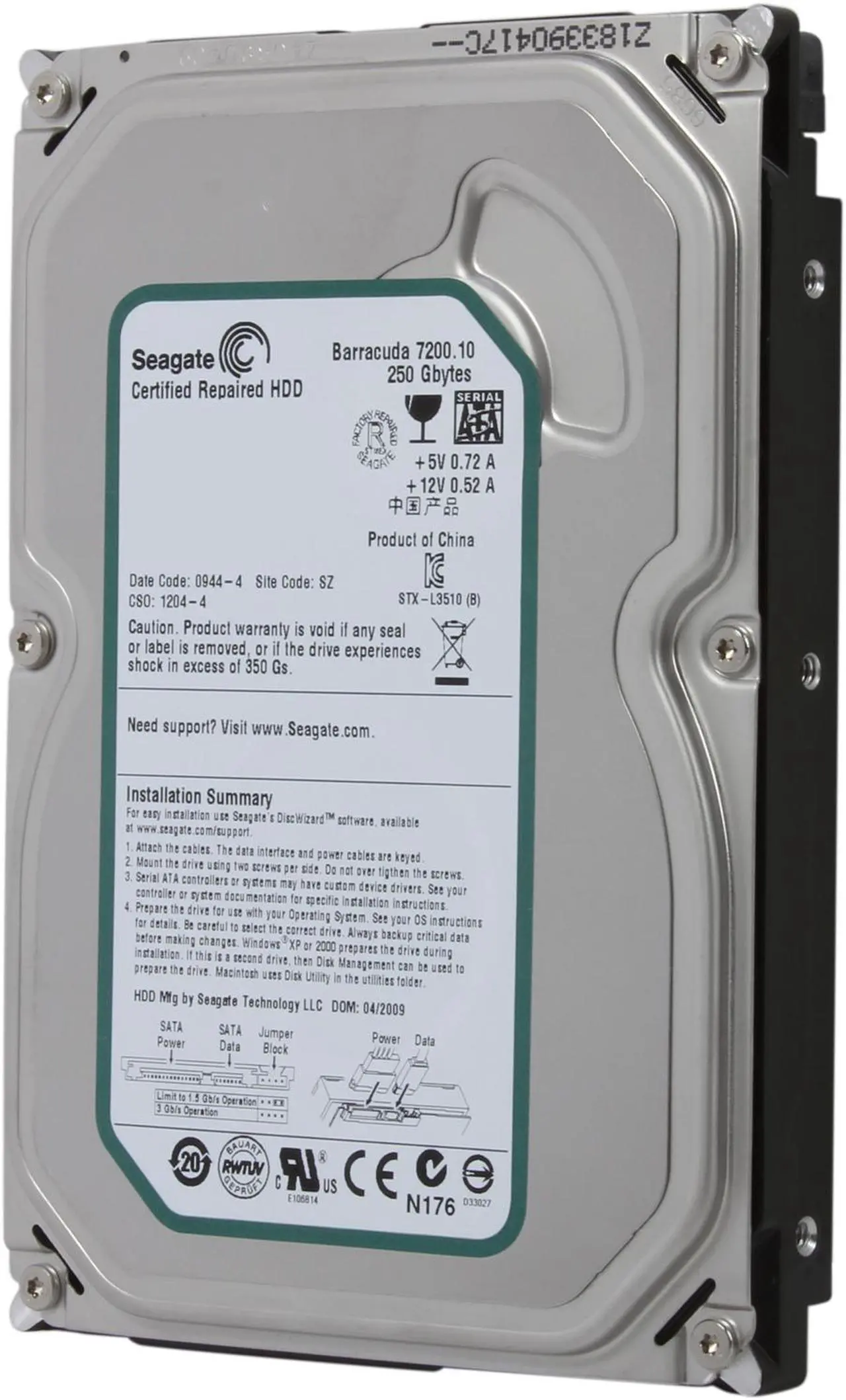 Main image of Seagate BarraCuda 7200.10 ST3250310AS 250GB 7200 RPM 8MB Cache SATA 3.0Gb/s 3.5" Internal Hard Drive Bare Drive