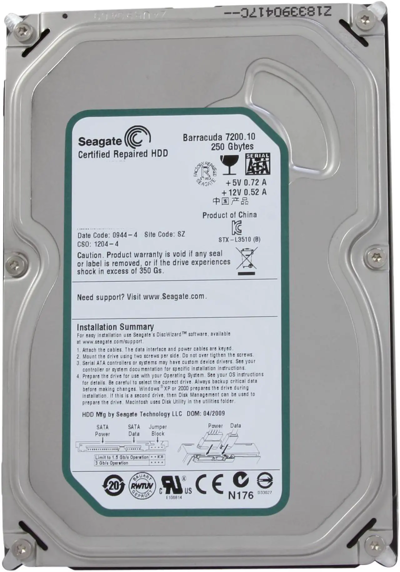 Alt view image 2 of 4 - Seagate BarraCuda 7200.10 ST3250310AS 250GB 7200 RPM 8MB Cache SATA 3.0Gb/s 3.5" Internal Hard Drive Bare Drive