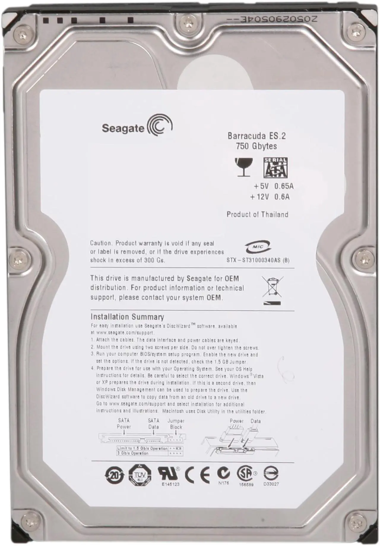 Alt view image 2 of 4 - Seagate BarraCuda ES.2 ST3750330NS 750GB 7200 RPM 32MB Cache SATA 3.0Gb/s 3.5" Internal Hard Drive Bare Drive
