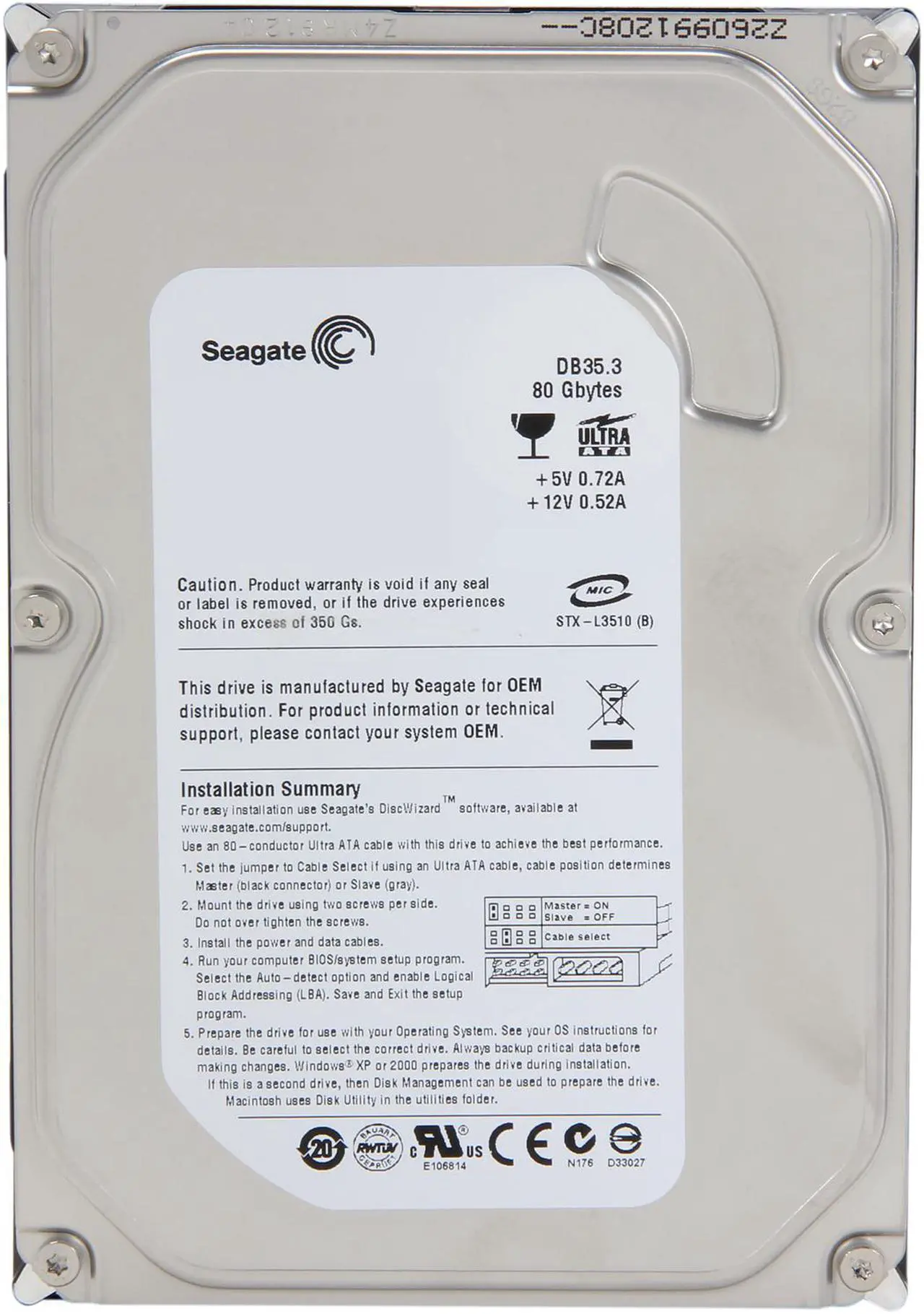 Alt view image 2 of 4 - Seagate DB35 Series 7200.3 ST380215ACE 80GB 7200 RPM 2MB Cache IDE Ultra ATA100 / ATA-6 3.5" Internal Hard Drive Bare Drive