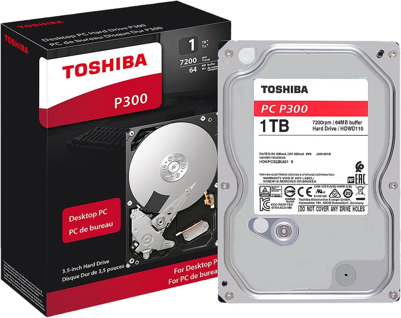 Toshiba P300 1TB Desktop PC Internal Hard Drive 7200 RPM SATA 6Gb/s 64MB Cache 3.5 inch - HDWD110XZSTA (RETAIL PACKAGE)