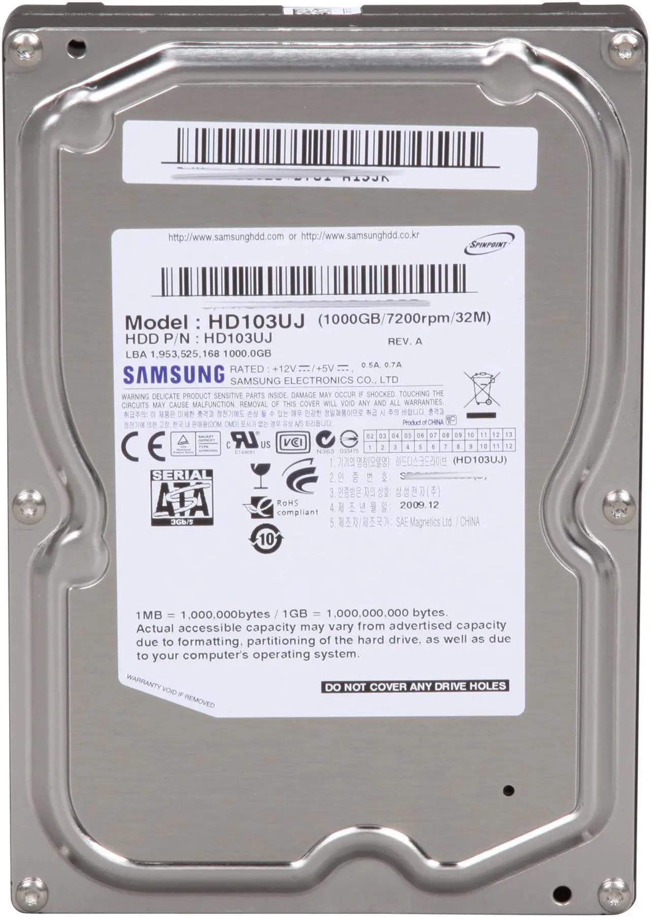 Alt view image 2 of 4 - SAMSUNG Spinpoint F1 HD103UJ 1TB 7200 RPM 32MB Cache SATA 3.0Gb/s 3.5" Internal Hard Drive Bare Drive