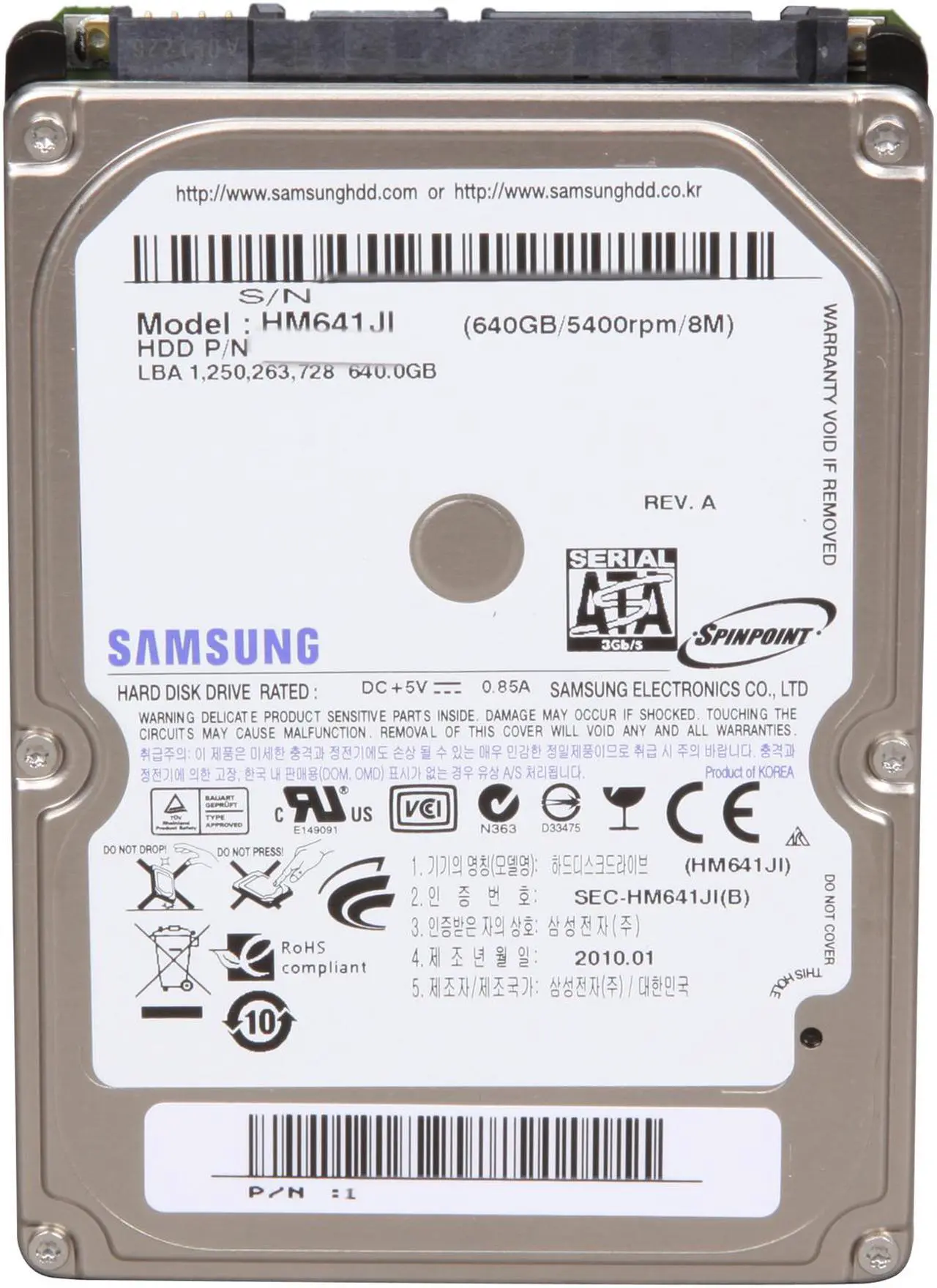 Alt view image 2 of 4 - SAMSUNG Spinpoint M7E HM641JI 640GB 5400 RPM 8MB Cache SATA 3.0Gb/s 2.5" Internal Notebook Hard Drive Bare Drive