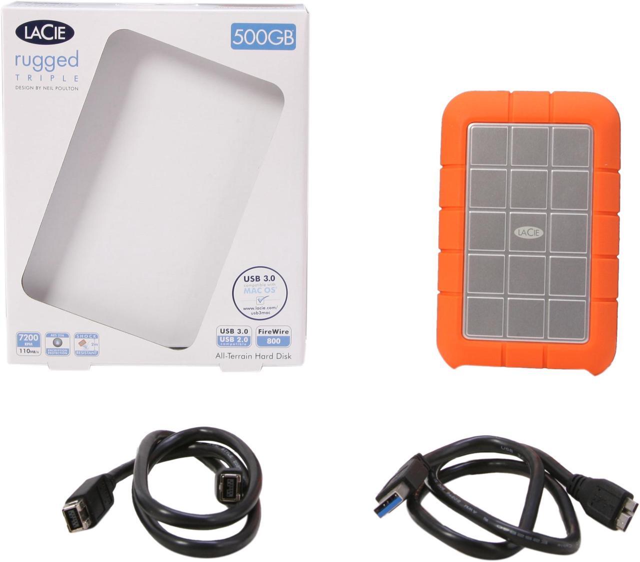 Alt view image 6 of 5 - LaCie 500GB Rugged Triple Portable External Hard Drive USB 3.0 / 2 x Firewire800 Model LAC301983 Orange