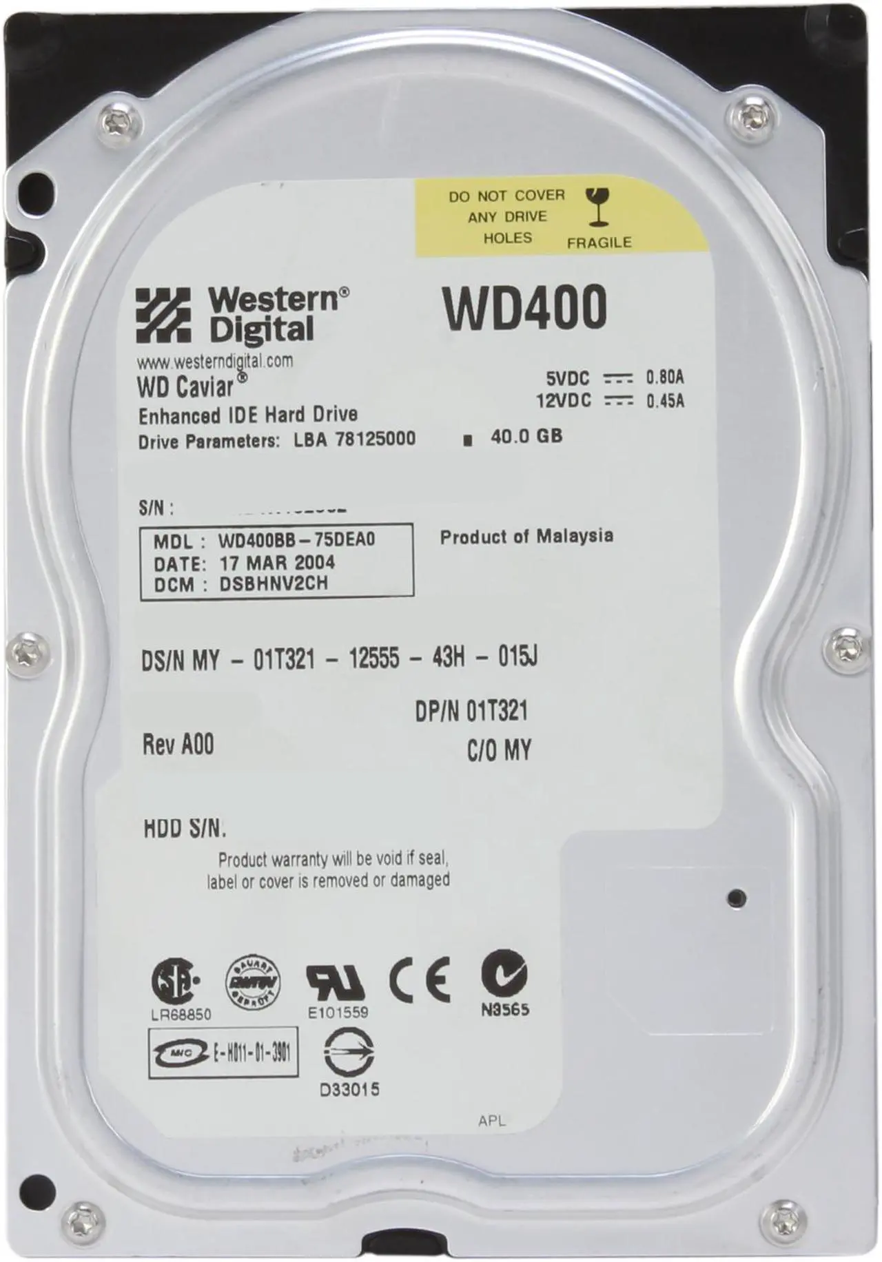 Alt view image 2 of 4 - WD Caviar WD400BB-75FJA1 40GB 7200 RPM 2MB Cache IDE Ultra ATA100 / ATA-6 3.5" Internal Hard Drive Bare Drive