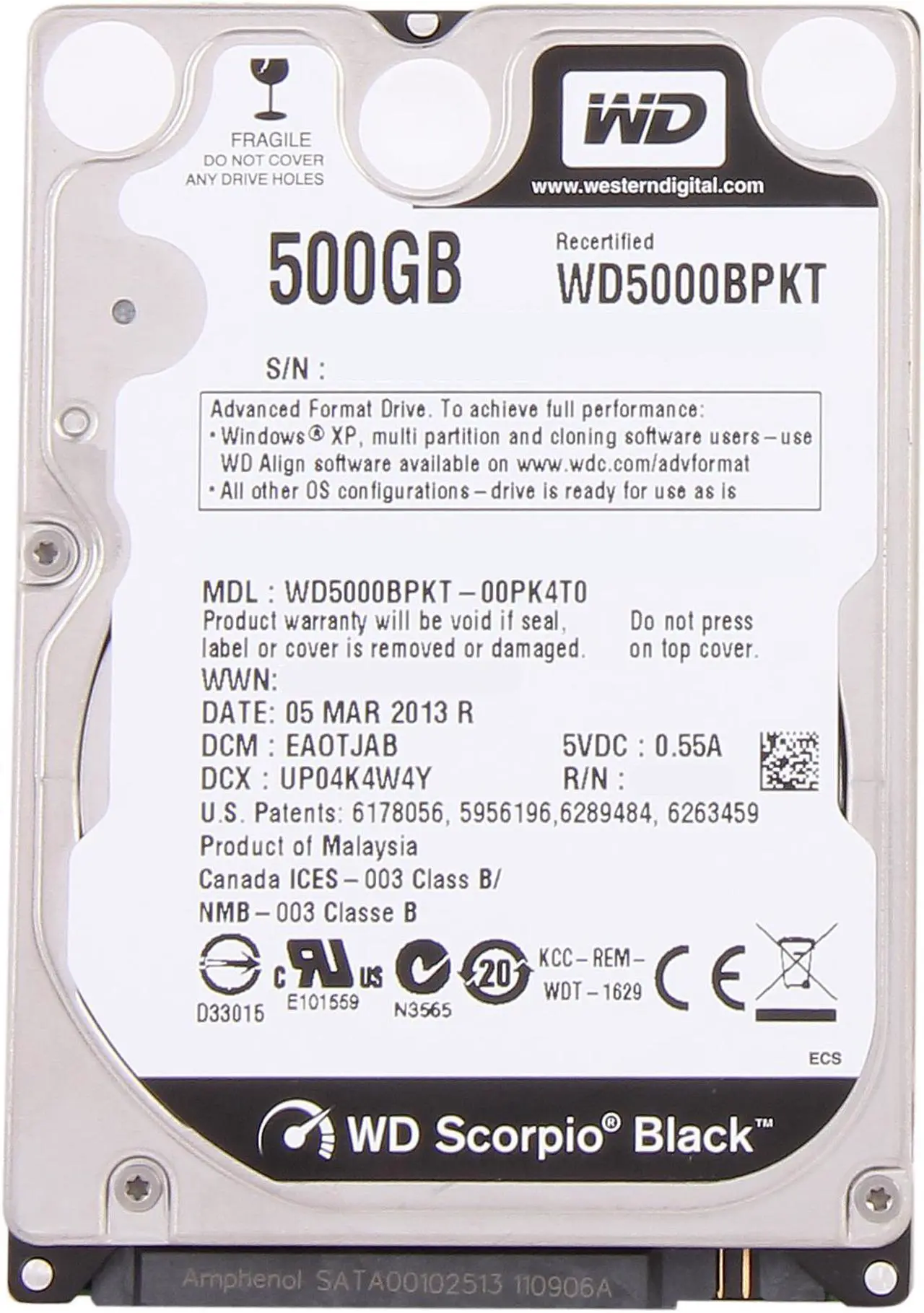 Stockage Data 500GB Disque Dur Western Digital WD5000BPKX 500 Go 2.5 SATA 7200 Trs/min - Pour Portable Ou Stockage Externe Disque Dur Portable Interne