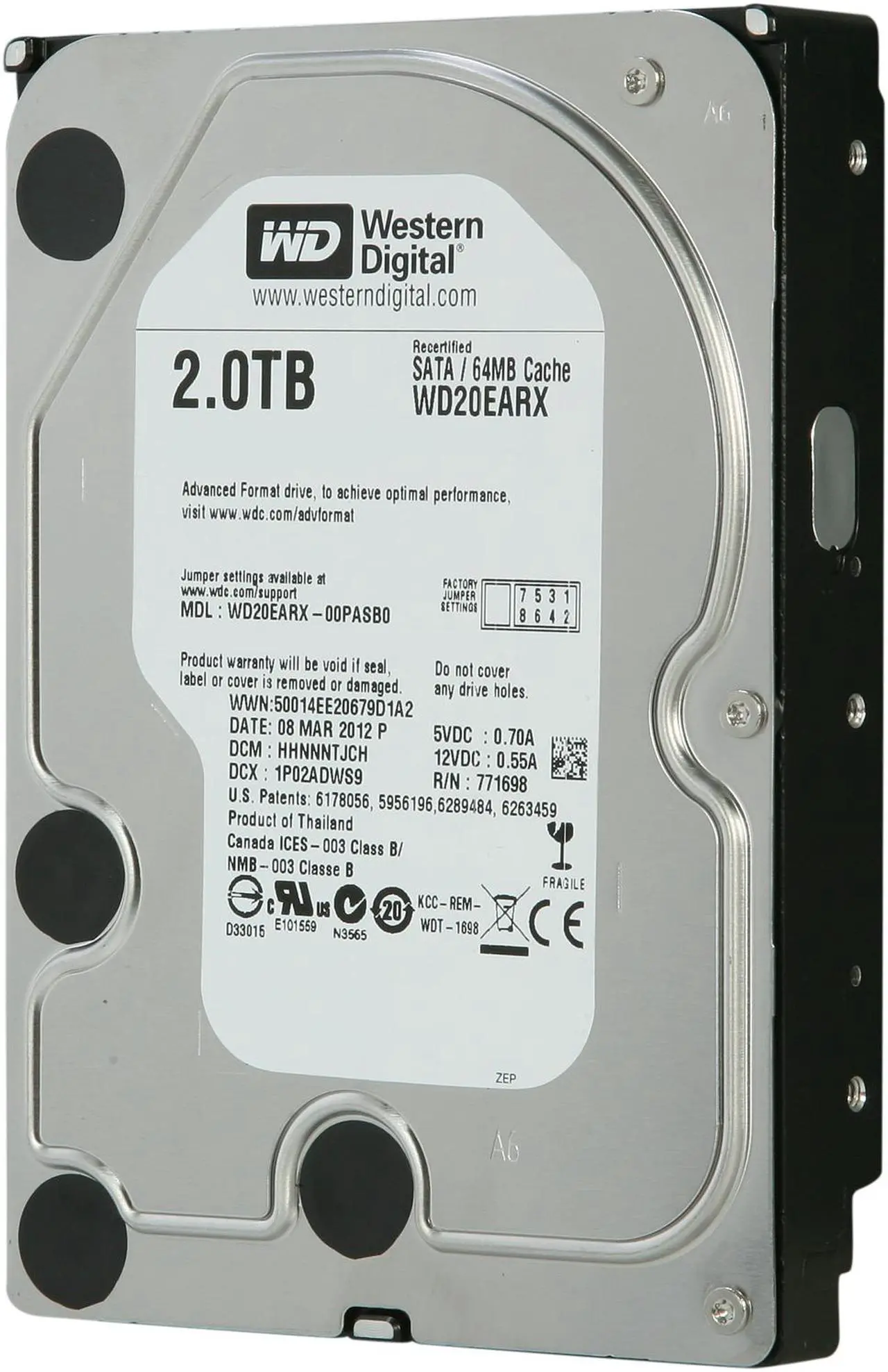 Main image of WD WD Green WD20EARX 2TB IntelliPower 64MB Cache SATA 6.0Gb/s 3.5" Internal Hard Drive -Manufacture Recertified Bare Drive