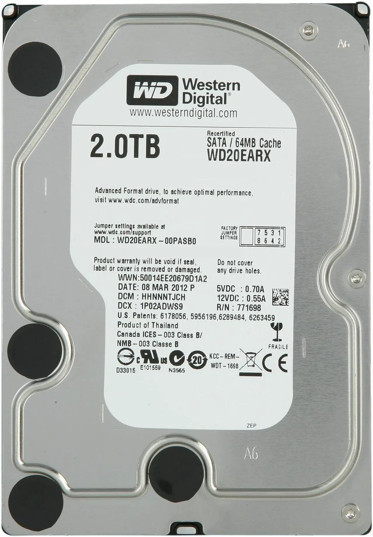 Alt view image 2 of 4 - WD WD Green WD20EARX 2TB IntelliPower 64MB Cache SATA 6.0Gb/s 3.5" Internal Hard Drive -Manufacture Recertified Bare Drive