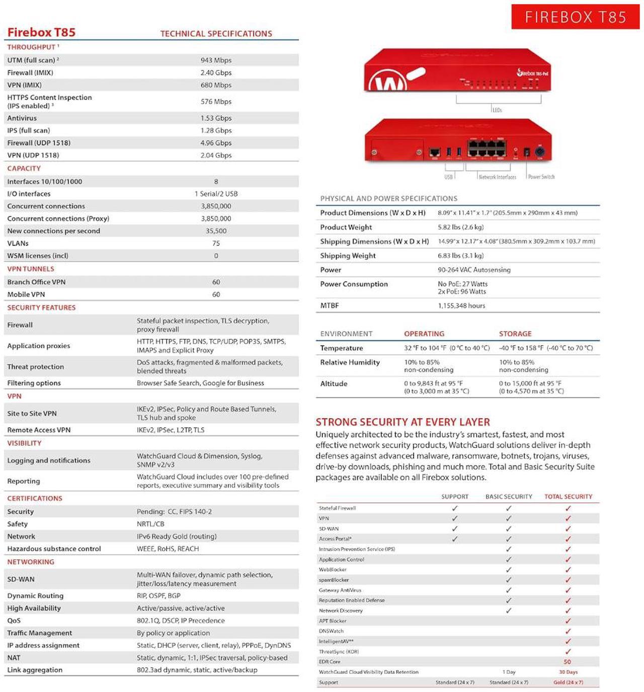 Alt view image 5 of 5 - WatchGuard Firebox T85-PoE Network Security/Firewall Appliance Up to 4.96 Gbps firewall throughput, 8 x 1Gb ports, 60 Branch Office VPNs