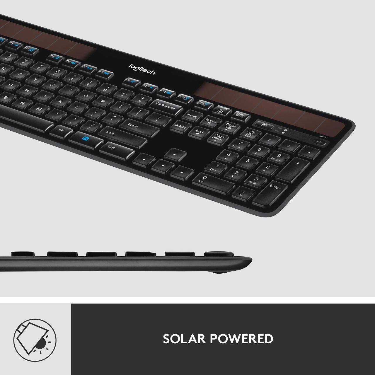 Alt view image 4 of 8 - Logitech K750 Wireless Solar Keyboard for Windows, 2.4GHz Wireless with USB Unifying Receiver, Ultra-Thin, Compatible with PC, Laptop - Black