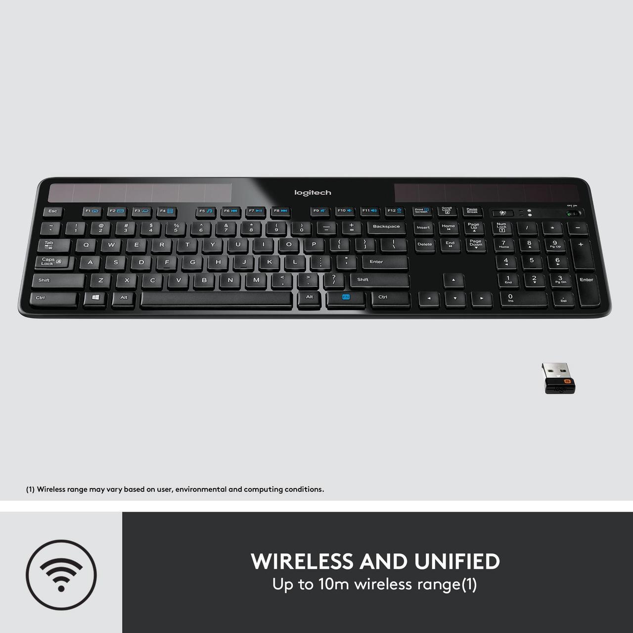 Alt view image 5 of 8 - Logitech K750 Wireless Solar Keyboard for Windows, 2.4GHz Wireless with USB Unifying Receiver, Ultra-Thin, Compatible with PC, Laptop - Black
