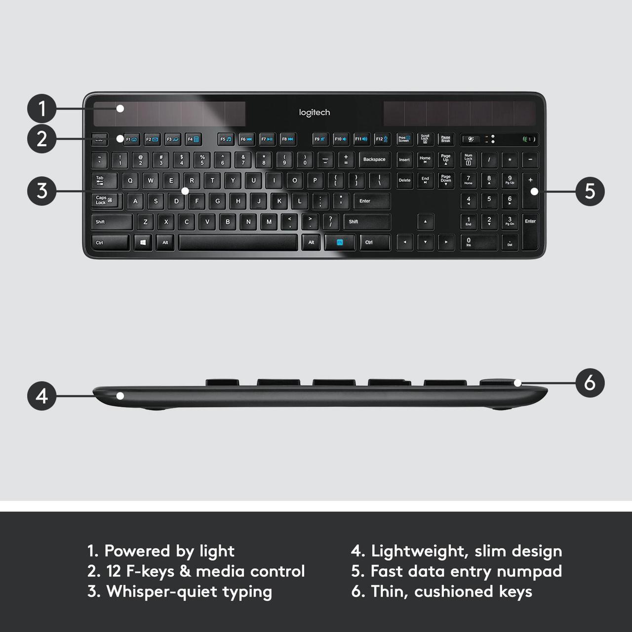 Alt view image 7 of 8 - Logitech K750 Wireless Solar Keyboard for Windows, 2.4GHz Wireless with USB Unifying Receiver, Ultra-Thin, Compatible with PC, Laptop - Black